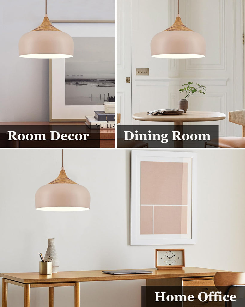 12 Inch Modern Japandi Pendant Light Island Farmhouse Hanging Lamp with Faux Pine Wood Grain Metal Shade, Adjustable