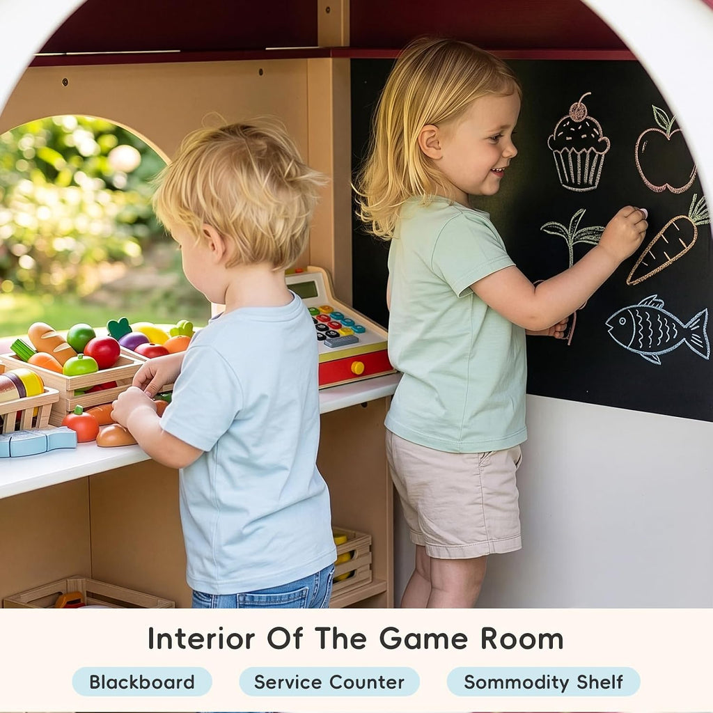 Outdoor Solid Wood Kids Playhouse for Ages 3-8 | Toddler Outdoor Play Kitchen with Chalkboard, Half Door, White Kids