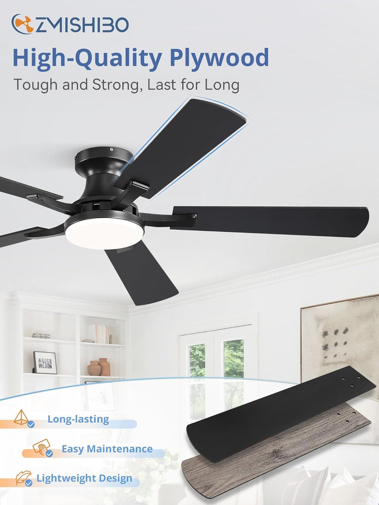 52 Inch Ceiling Fan with Light, App&Remote Control, Flush Mount Low Profile, Dimmable 20W LED Light, Quiet Reversible Motor for Bedroom, Living Room, Apartment, Black A101-B0DPHBLS5W