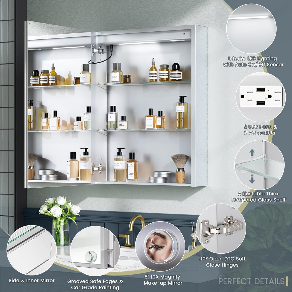 24x30 Inch Lighted Medicine Cabinet with Mirror, AL Alloy Frame, Plug-in or Hardwired, Recessed or Surface Mount, 3