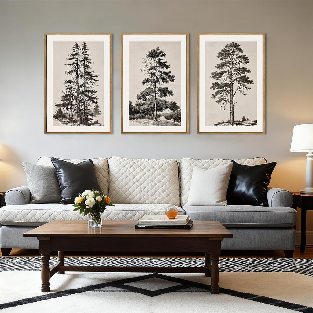 Vintage Tree Sketch Framed Canvas Wall Art 24x36 Inch Neutral Wilderness Forest Paintings Retro Botanical Wall Decor