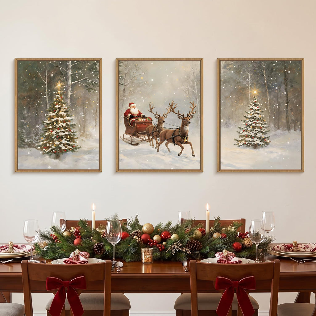Christmas Santa Reindeer Framed Canvas Wall Art Set, Vintage Trees Snowy Wall Decor, Sleigh Deer Forest Winter Wall