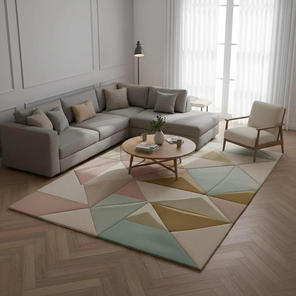 Modern Hand Tufted Wool Area Rug - Pastel Geometric Triangle Floor Carpet for Scandinavian Living Room, Bedroom