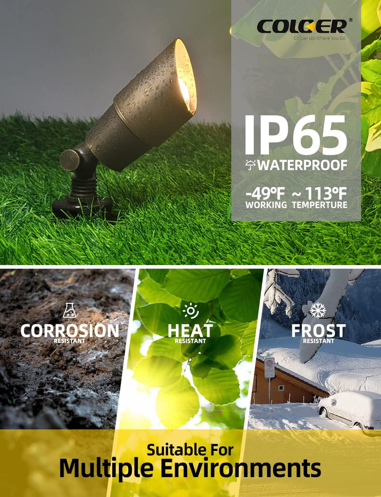 Brass Landscape Spotlights, 6 Pack Spot Lights Outdoor with 5W Aluminum Housing MR16 LED Bulb 2700K 450LM, 12V AC/DC