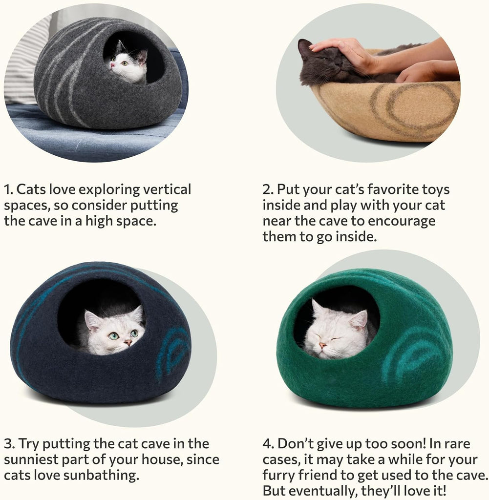 Cat Cave - Merino Wool Bed for Indoor Cats (Back Aqua, Large)