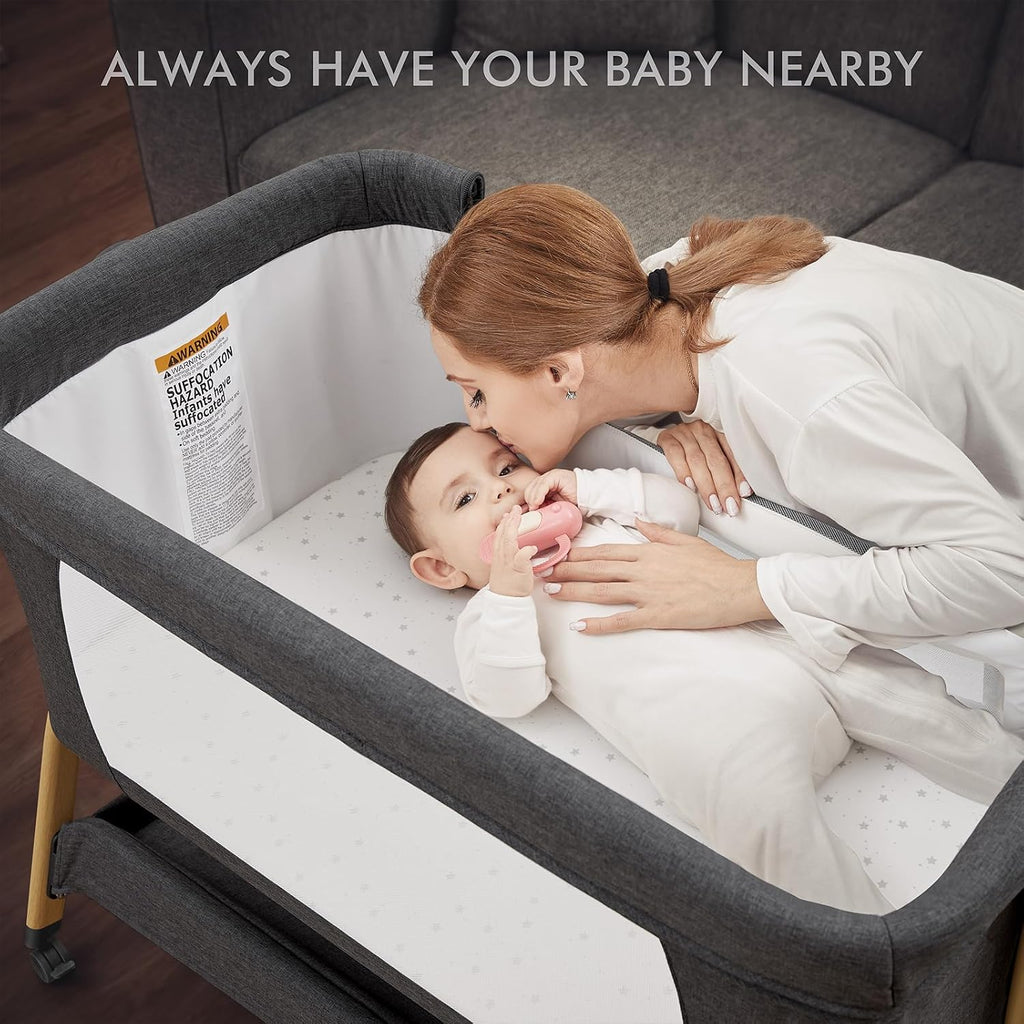 3-in-1 Baby Bassinet, Rocking Bedside Bassinet, Dark Grey | Wheels, comfy mattress, 6 height adjustments, easy