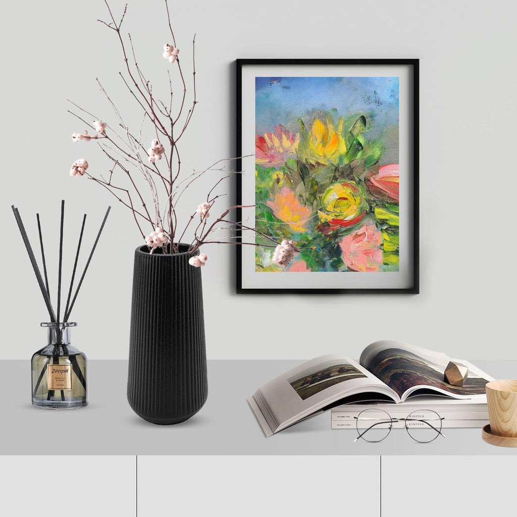 Black Ceramic Vase, Cute Flower Vase for Pampas Grass, Home, Living Room, Dining Table, Farmhouse, Office Decor