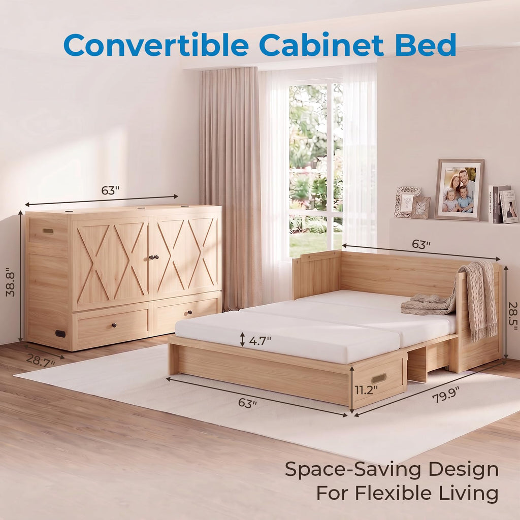 Queen Size Murphy Bed, Cabinet Bed Queen with Mattress Included, Built-in Charging Station, Storage Drawers, Murphy