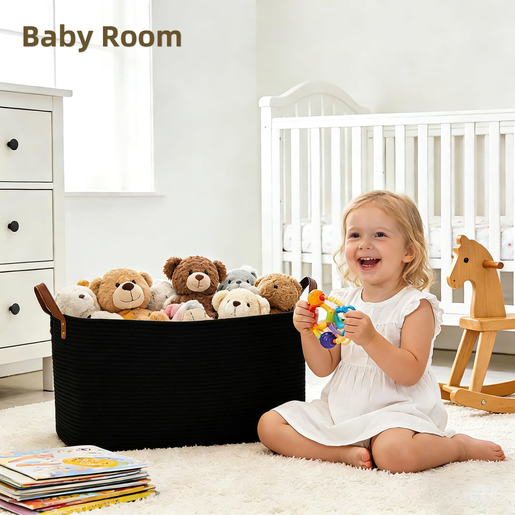 89L Extra Laundry Basket with Leather Handles, Woven Cotton Rope Blanket Basket, Toy Bin for Baby Room, Laundry Hampers