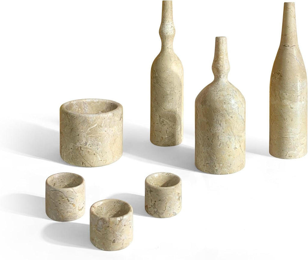 Natural Marble Home Decor Set: Luxury 7-Piece Vase & Candle Holder Collection - Golden Beige Stone Accessories &