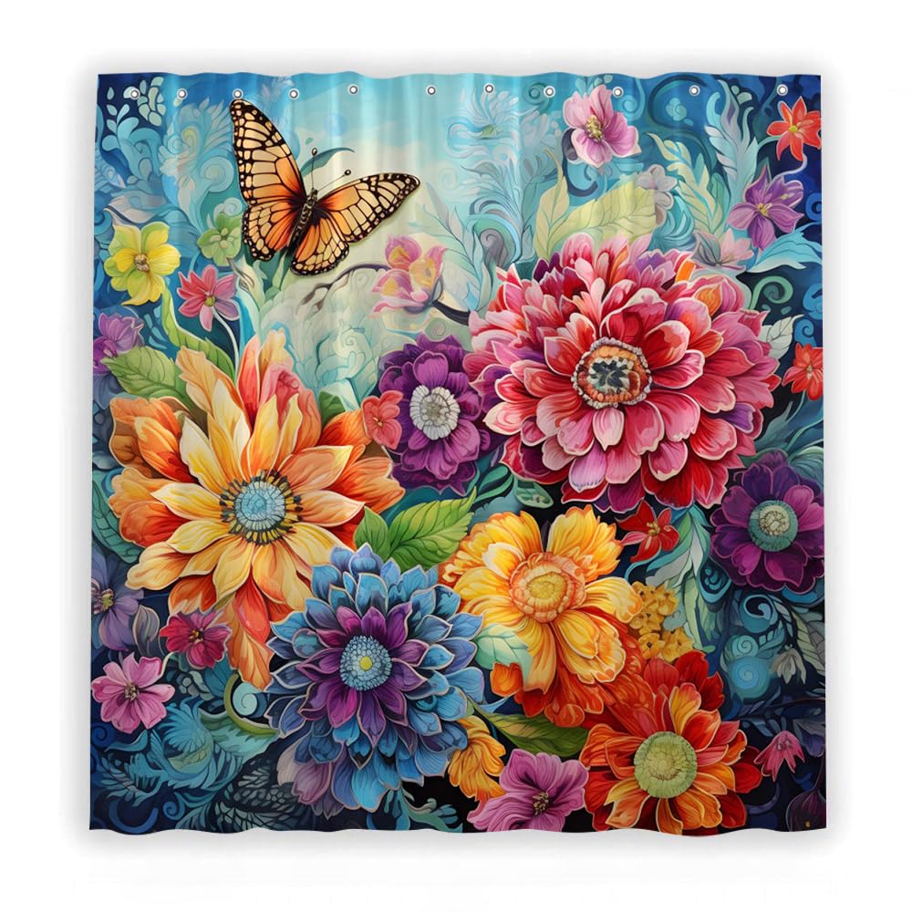 Watercolor Floral Boho Shower Curtain Bohemian Gorgeous Colorful Sunflowers Peony Daisies Dahlias Flowers Tropical