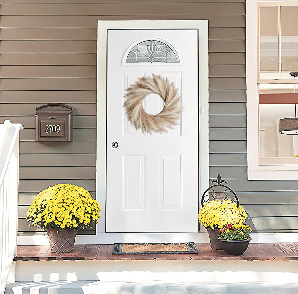 27'' Artificial Pampas Grass Wreath, UV Resistant Faux Pampas Wreath for Front Door, Porch, and Wall, Fluffy Boho