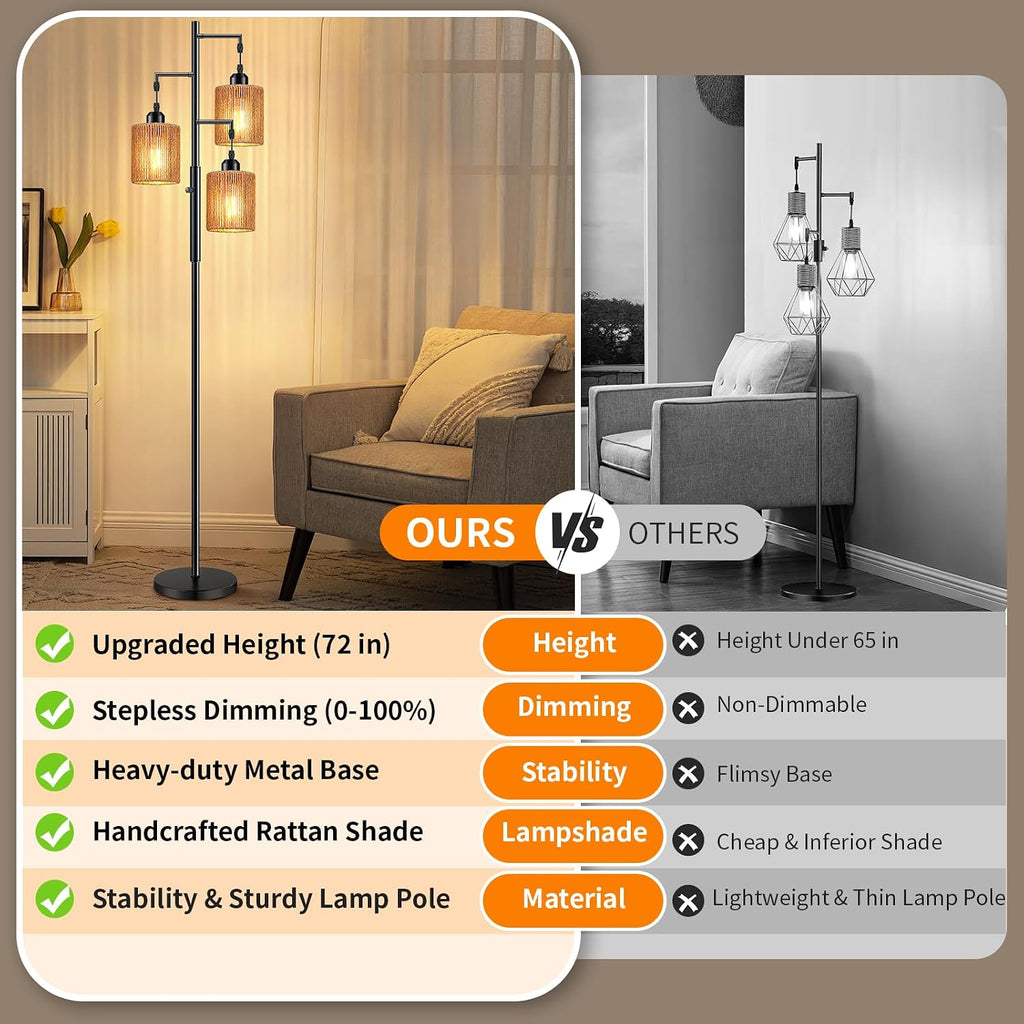 72" Boho Rattan Tree Floor Lamp, Tall Dimmable Industrial Standing Lamp, Corner Decor Accent Lighting, Cafe (3 x