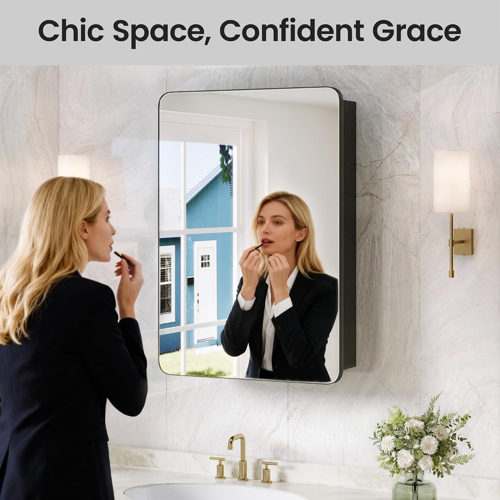 20x30 Black Medicine Cabinet with Mirror, Recessed & Surface Mount | Bathroom mirror with storage: 6 adjustable