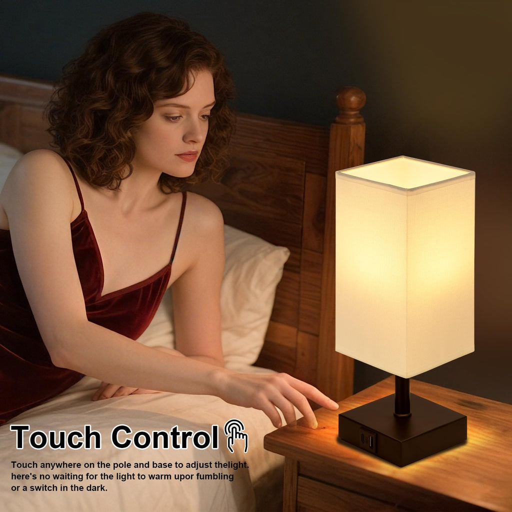 Touch Table Lamp - Dimmable, USB C+A, White Lamphade Black Base