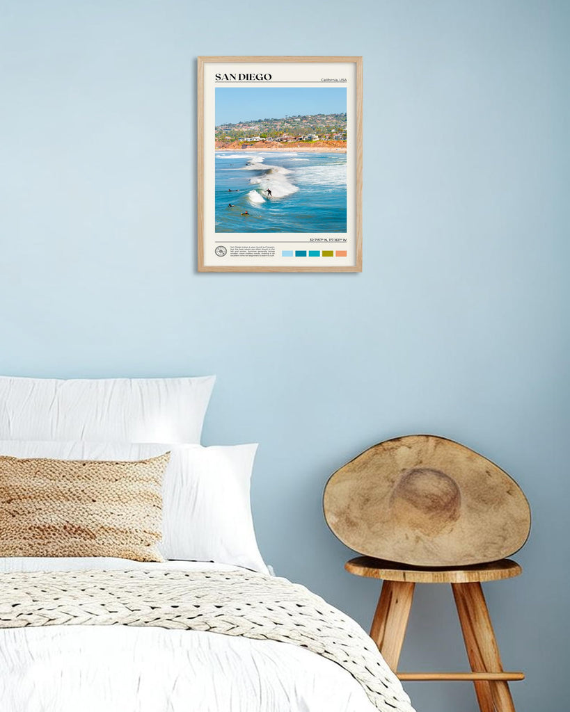 Natural OAK Wood San Diego Surfing Framed Wall Art, 12x16in Natural Seascape Canvas Wall Print, Classic Urban Landmark