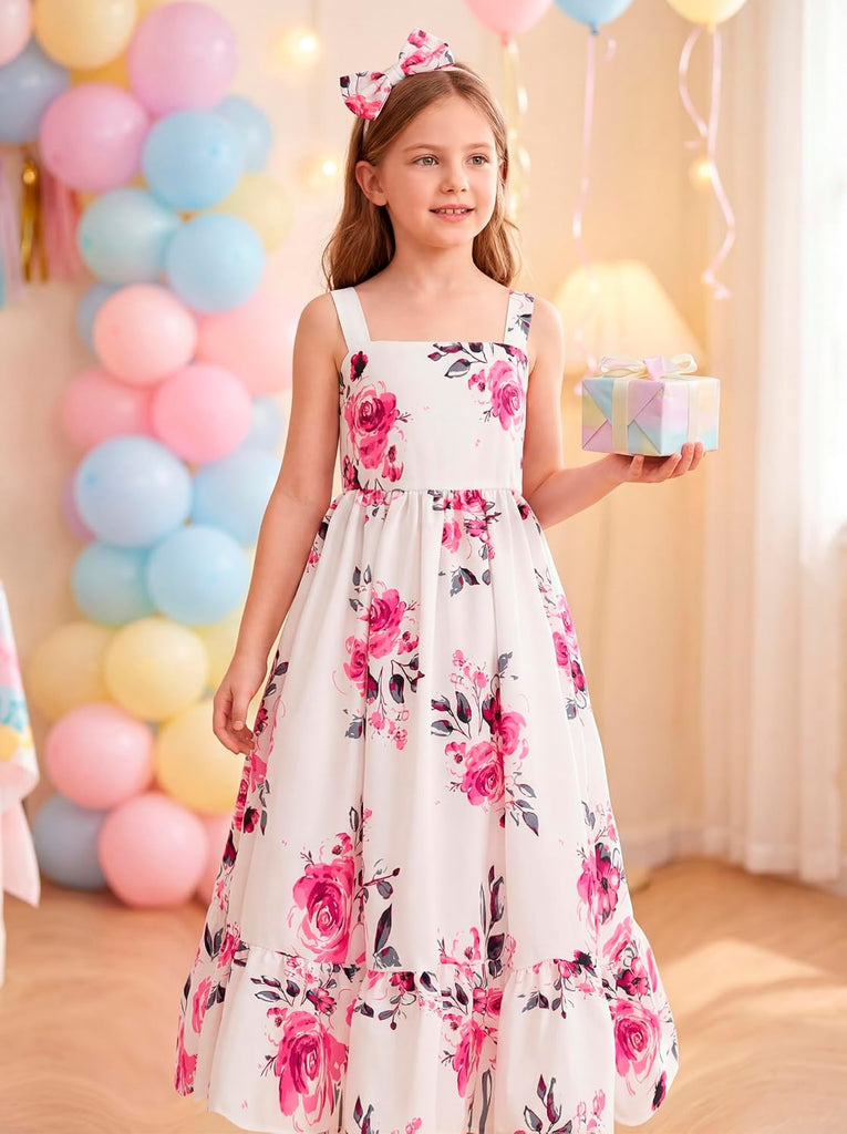 Floral Girls Summer Dress Maxi Flowy Tie Back Spring Kids Birthday Party Sundress