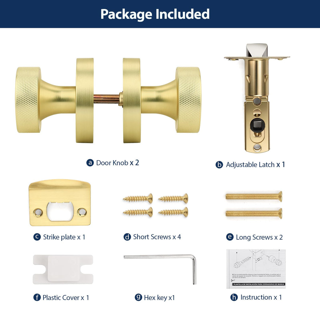 Gold Passage Door Knobs Interior, Zinc Alloy Keyless Brushed Gold Closet Door Knobs, Knurled Heavy Duty Brushed Brass