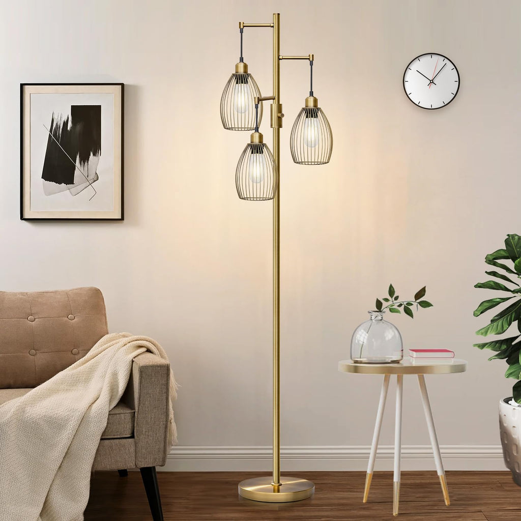 Dimmable Floor Lamp, 3 x 800LM LED Edison Bulbs Included, Farmhouse Industrial Floor Lamp Standing Tree Lamp