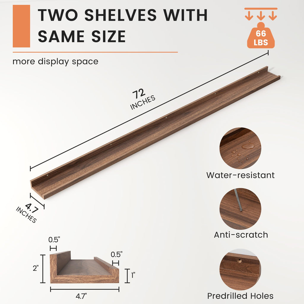 Picture Ledge Shelf, Long Floating Shelves for Wall, 72" W Set of 2, Walnut