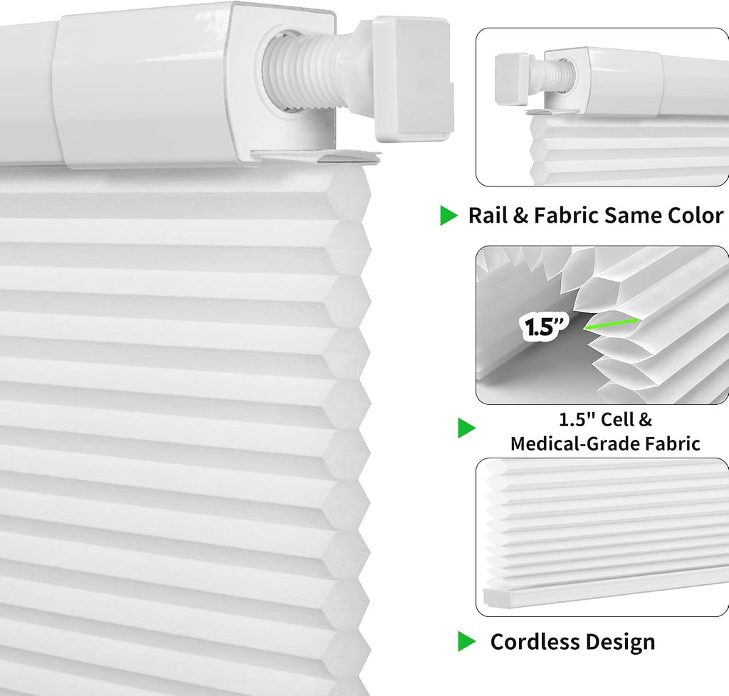Dual Tensioner 1.5" No Drill Cellular Shades for Indoor Windows, Cordless Privacy No Drill Cellular Shades for Indoor