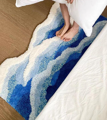 Blue 3D Ocean Wave Bath Mat, Cute Funky Bathroom Rugs, for Coastal Beach Nautical Themed Decor, Non-Slip Washable