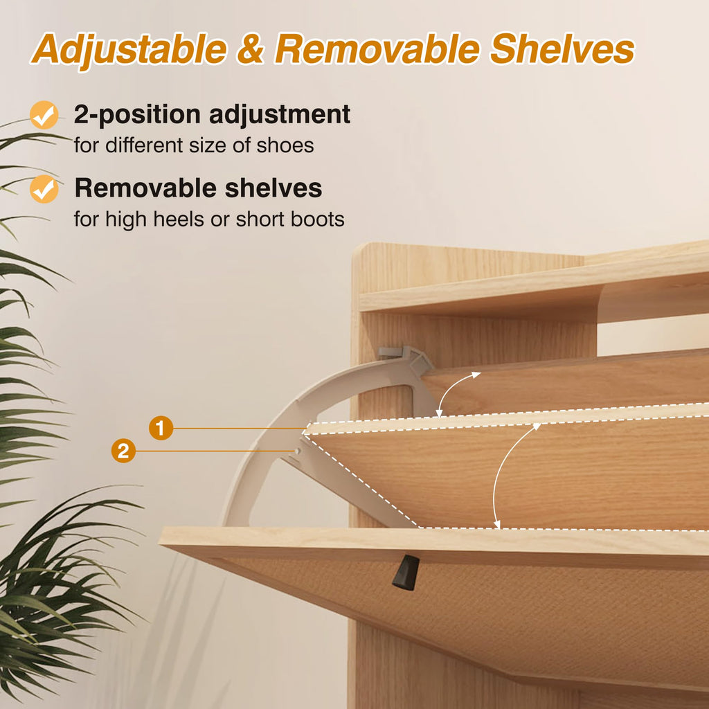 Narrow Shoe Storage Cabinet with 2 Flip Drawers, Freestanding Shoe Organizer Slim Shoe Cabinet Storage, Wooden Closed