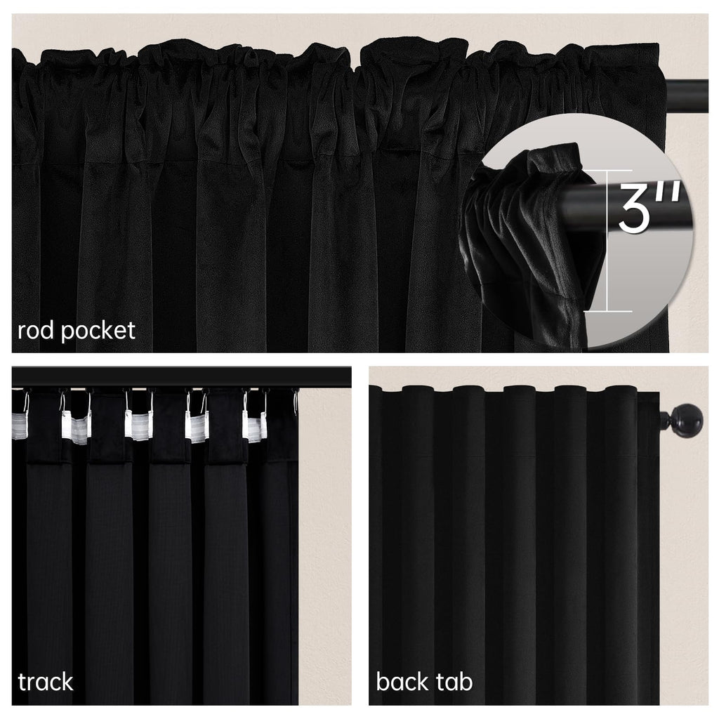 102 Inches Long Custom Velvet Blackout Curtains Bedroom Black Viral Pleated Noise Cancelling Drapes with Pin Hooks