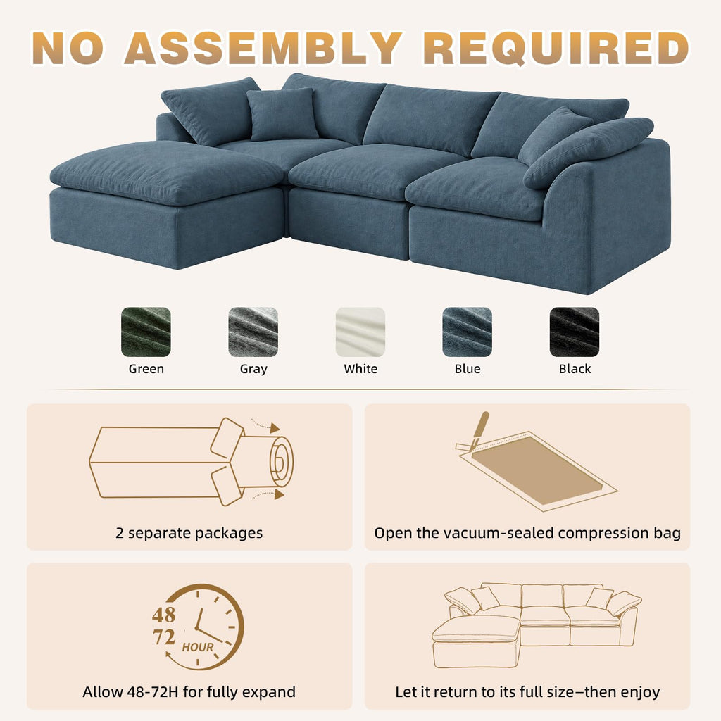 109" Boneless Cloud Couch Sectional, Oversized Modular L Shaped Sofa with Ottoman, Deep Seat Chenille Sectional