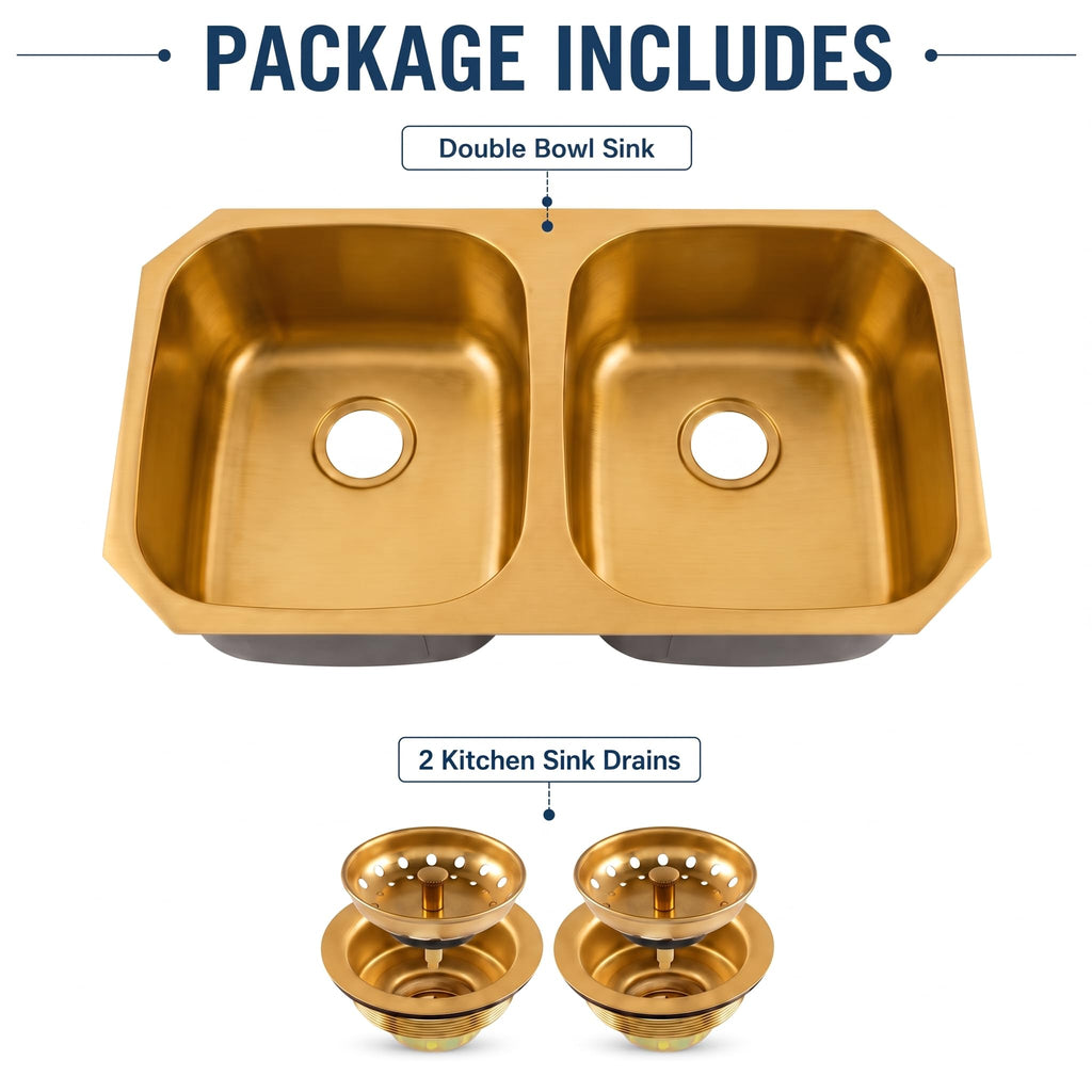 Brushed Gold Kitchen Sink, 32 Inch Undermount Kitchen Sink Gold, Double Kitchen Sink Stainless Steel with Two Sink