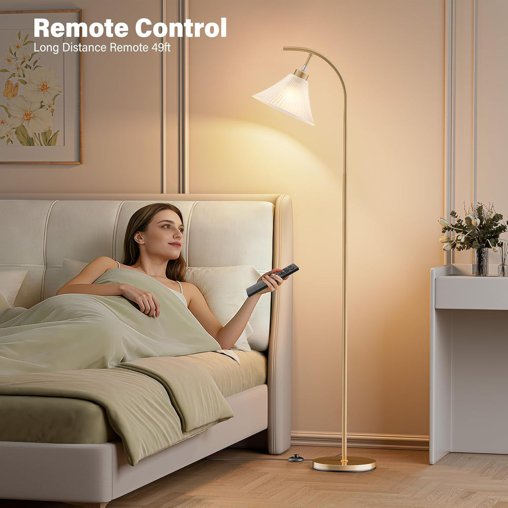 Glass Floor Lamp, Dimmable Gold Standing Lamp with Remote & Foot Switch, Ribbed Frosted Glass Shade