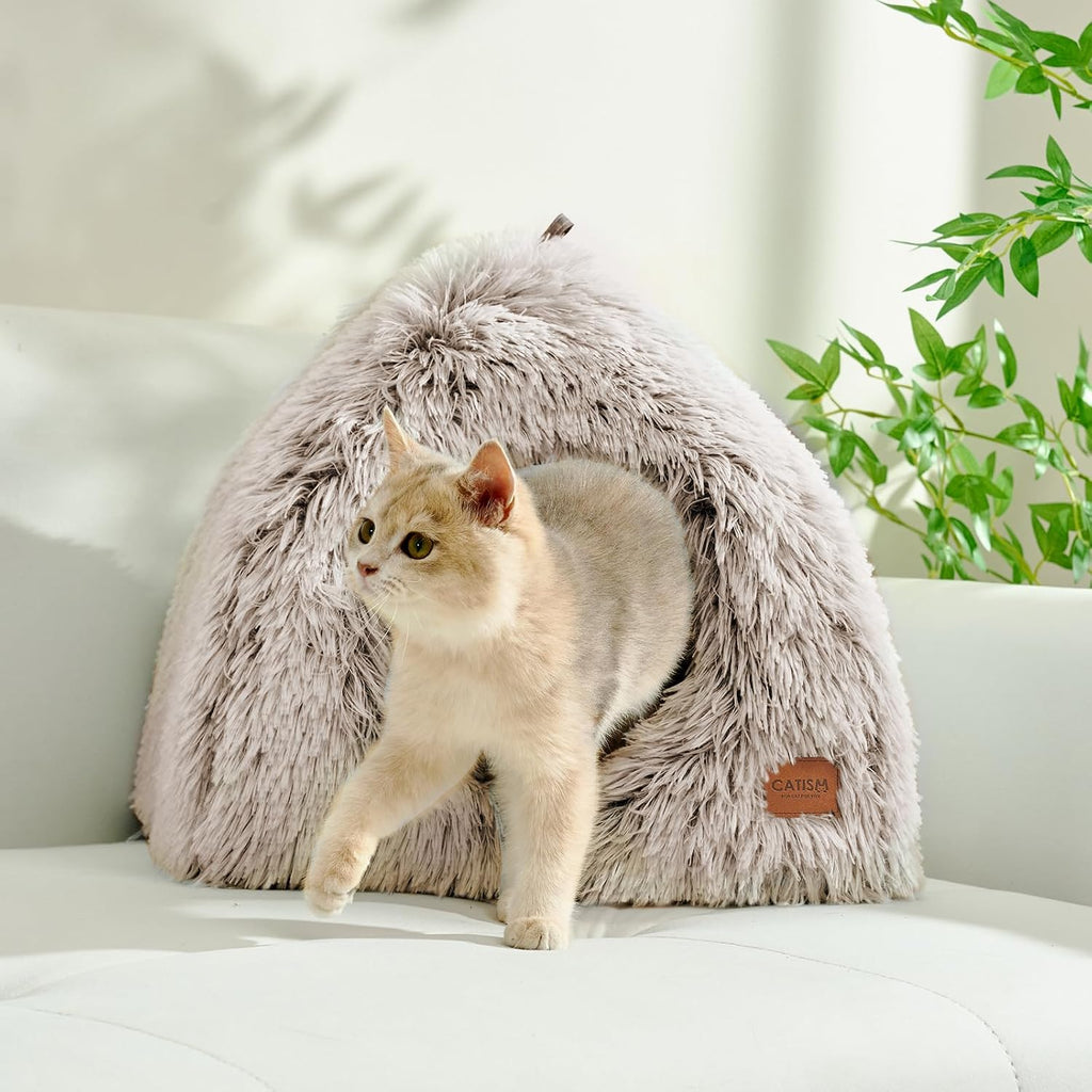 Cat Bed, Cat Cave for Indoor Cats, Soft Cat Dome, Self-Warming 2 in 1 Foldable Pet Cat House with Washable Cushioned