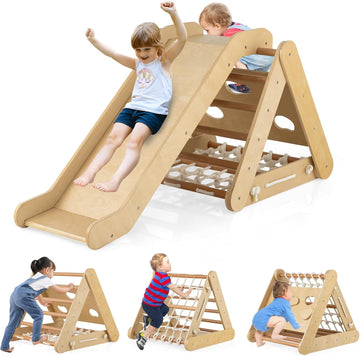 In-1 Triangle Climber with Ramp, Side Kids Climbing Triangle Ladder with Net Rope & Bars, Wooden Montessori
