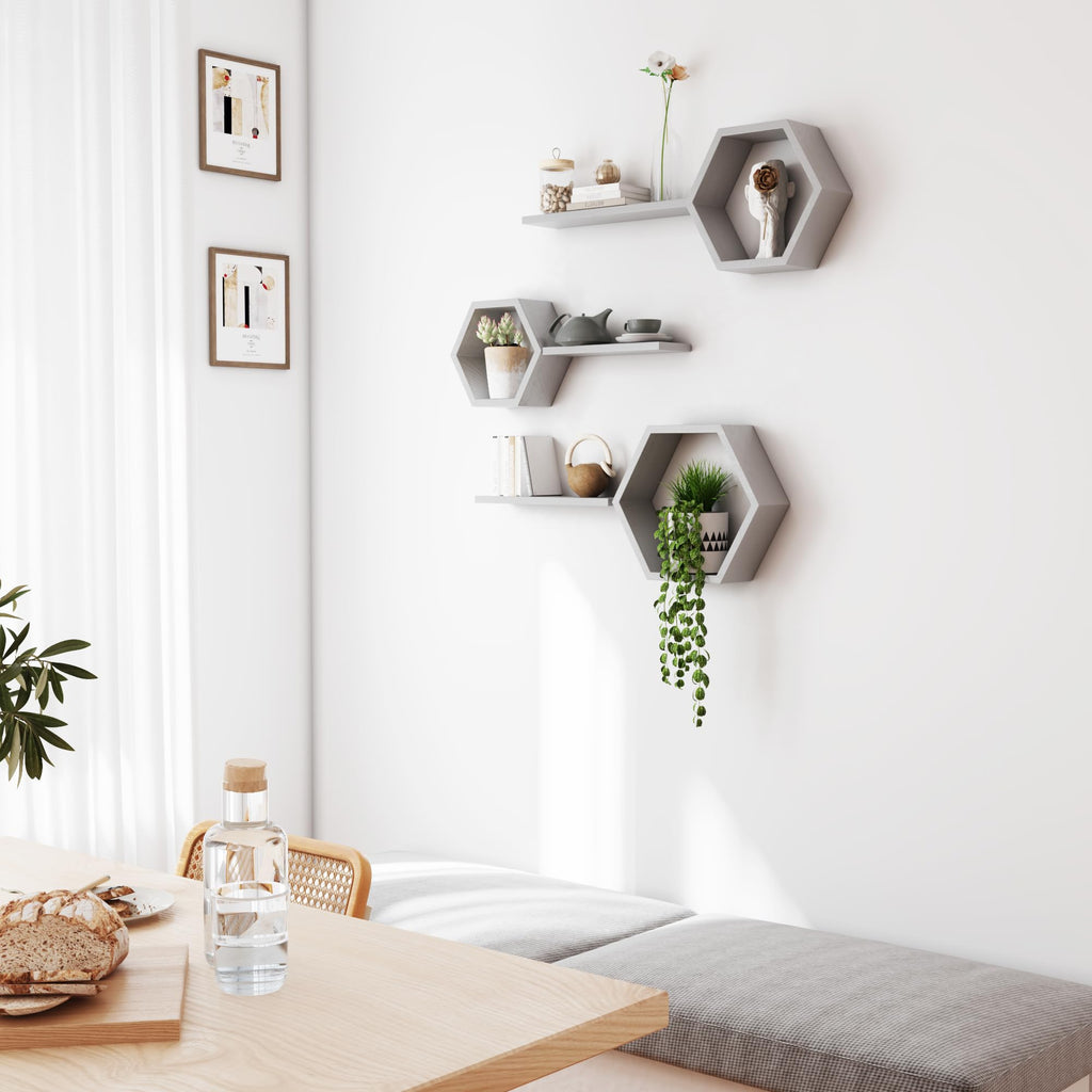 Wooden Hexagon Floating Shelves Wall Mounted, Set of 6 Pine Hexagon Shelves Display for Photos, Plants, Rustic Honeycomb