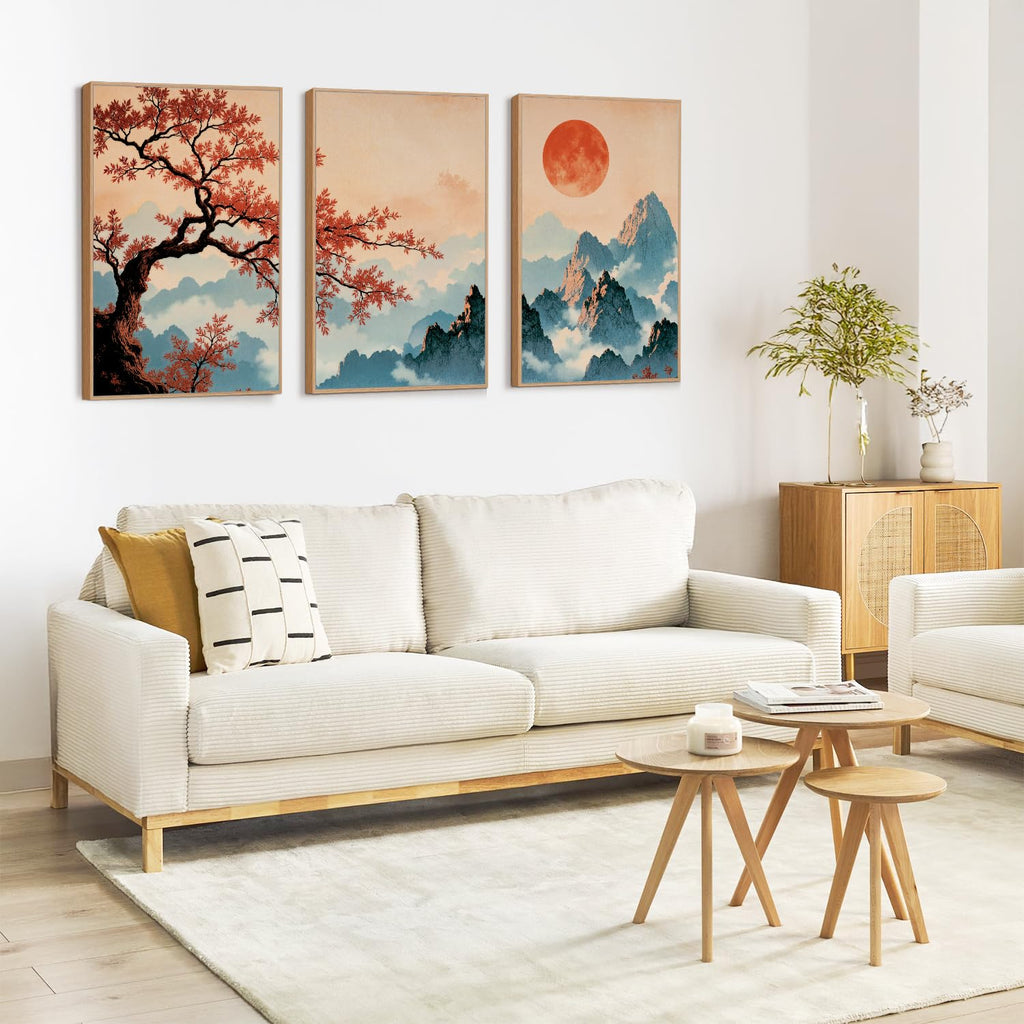 Large Boho Mountain Sunset Framed Canvas Wall Art Set of 3(16"X24")Pine Tree Red Flowers Wall Decor, Chinese Style