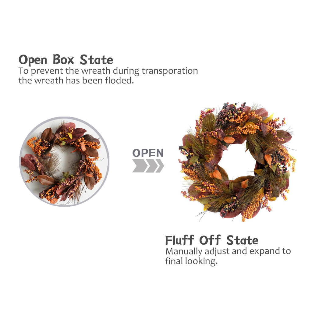 20 inch Thanksgiving Wreath Magnolia Leaves with Pine Needle Yellow Berry Wreath for Front Door Harvest Festival