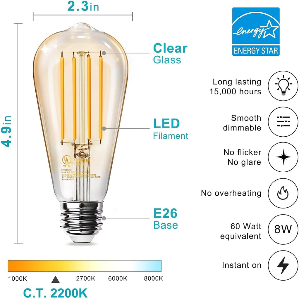 ST58 LED Edison Bulbs, E26, 8W 60W Equivalent, 2200K, Dimmable