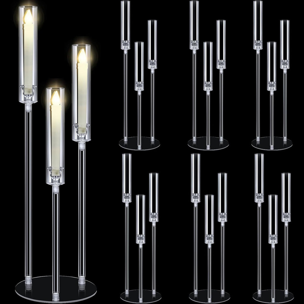 6 Set Wedding 3 Arm Acrylic Candelabra Table Centerpiece 30.7" Clear Tall Floor Candle Holder with Shade Pillar Taper