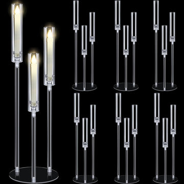 6 Set Wedding 3 Arm Acrylic Candelabra Table Centerpiece 30.7" Clear Tall Floor Candle Holder with Shade Pillar Taper