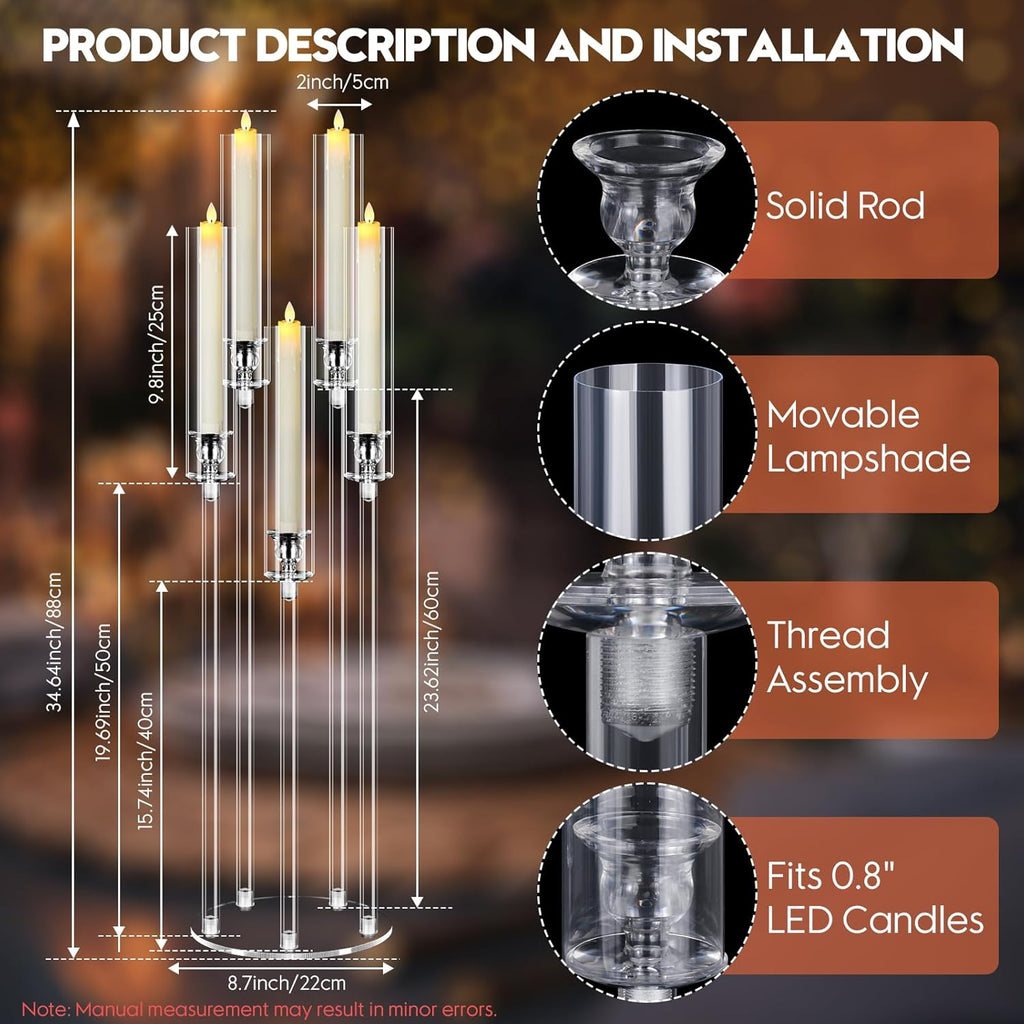 4 Set 5 Arm Acrylic Candle Holder, Mjkeomo 34.6'' Tall Candelabra Centerpieces for Tables Clear Candlesticks Holder