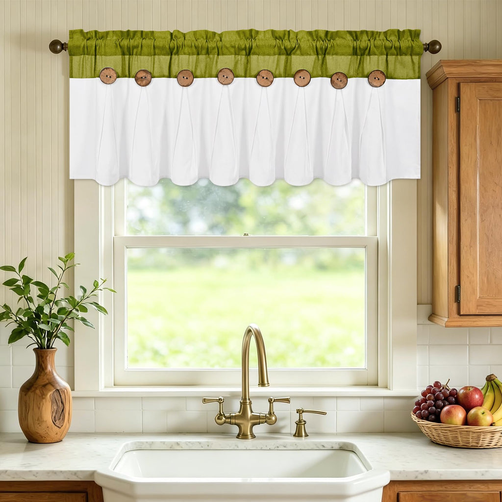 Farmhouse Valance Curtains 52x18, Cotton Linen, Fresh Green & White