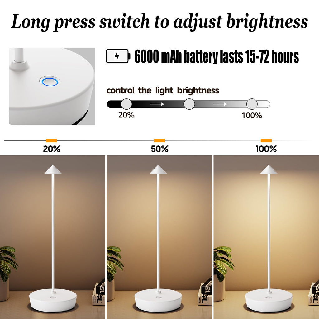 2Pack Rechargeable Cordless Table Lamp, Portable Powered LED Battery 6000mAh Metal USB Desk Lamp, 3 Levels Brightness