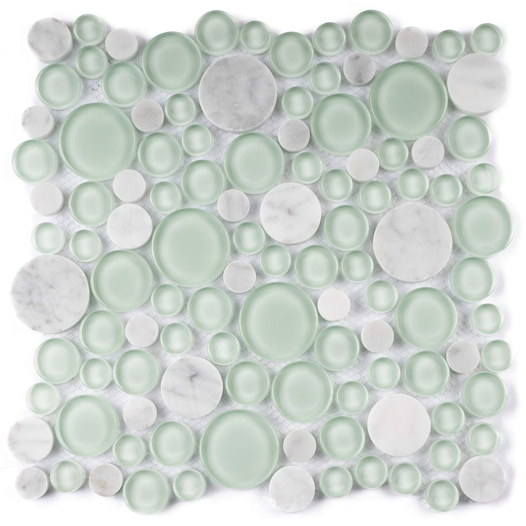 Snow Dove Glass and White Marble Bubbles Mosaic Tile 10.5 x 10.5 in - Frosted and Polished, Mesh-Mounted for
