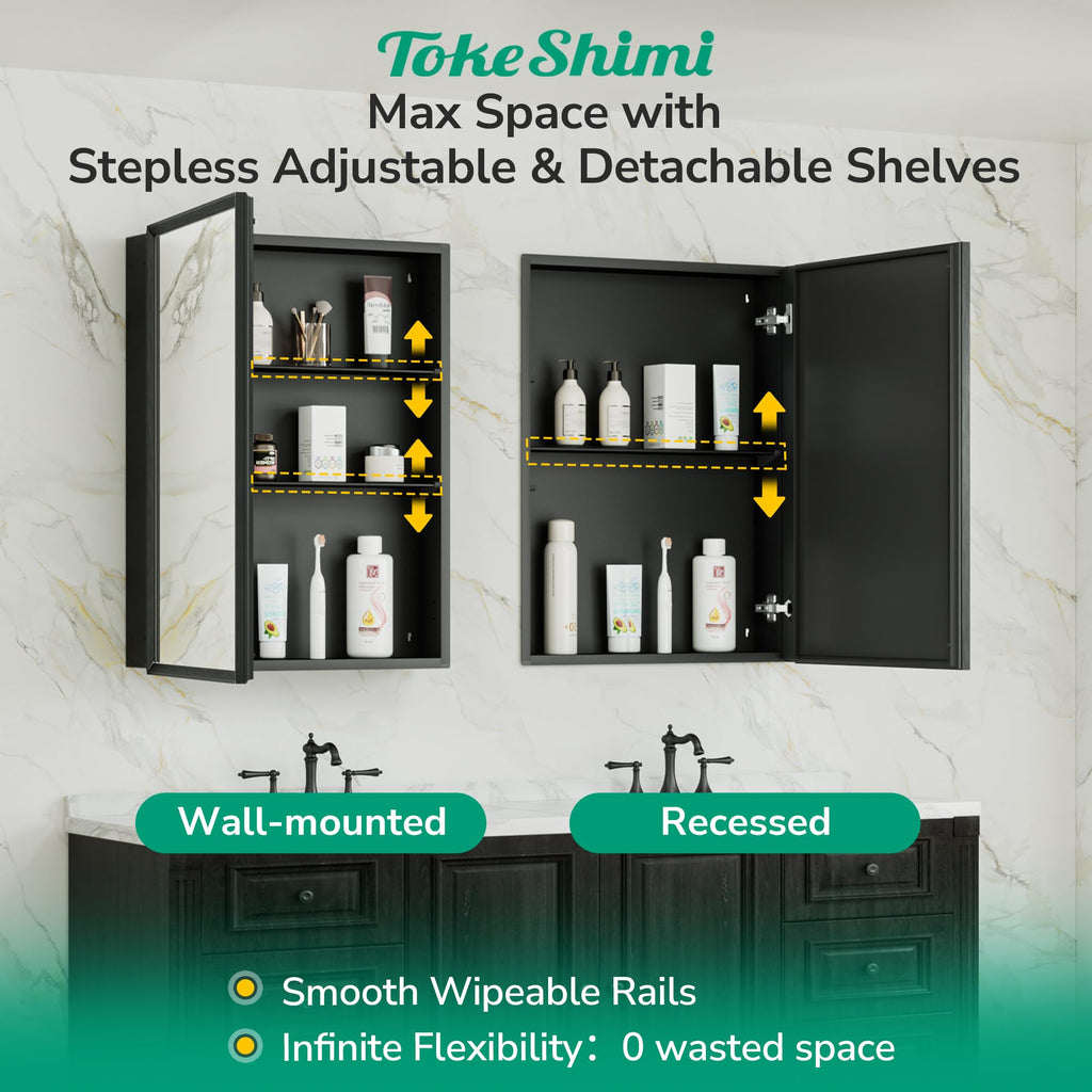 14 x 18 Recessed Medicine Cabinet, Assembly Required, Black Bathroom Medicine Cabinet with Mirror, Stepless
