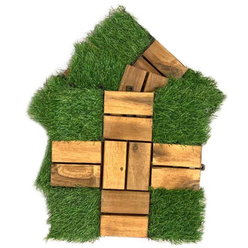 Artificial Grass with Acacia Wood Deck Tiles 10PCS 12''x12'' Interlocking Deck Tiles,Patio Deck Tiles, Wood Deck Tiles