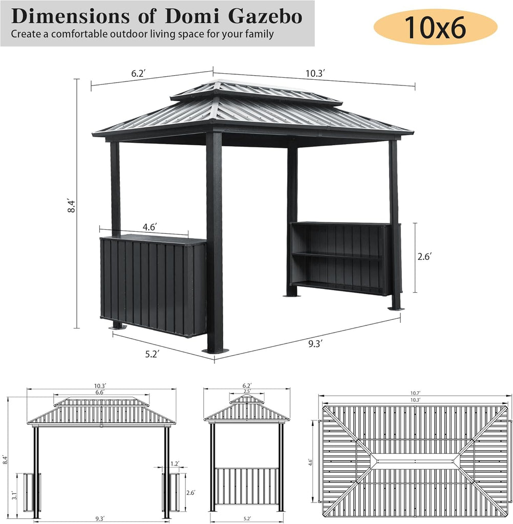 6’x10’ Hardtop Grill Gazebo, BBQ Gazebo for Outdoor Grill with Double Galvanized Steel Roof