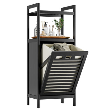 Tilt Out Laundry Hamper, Bamboo Bathroom Cabinet with Pull Out Removable Bag and 2 Tier Storage Shelves, 10 Gal