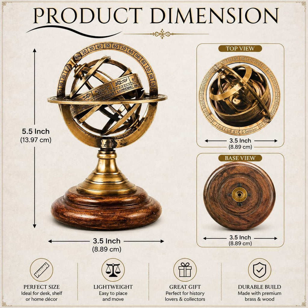 5.5" Brass Armillary Sphere World Globe Rosewood Base Table Decor Gift