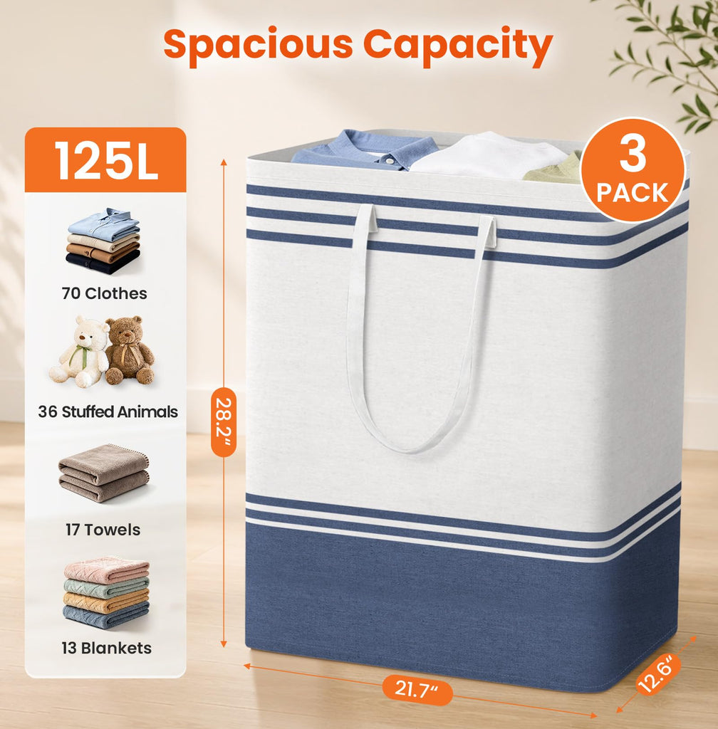 3-Pack Laundry Basket, Laundry Hamper, Blue-125L