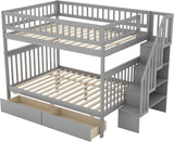 Full Over Full Bunk Beds with Stairs Stairway Bunk Bed Frame with Storage Shelves for Kids Teens Adult
